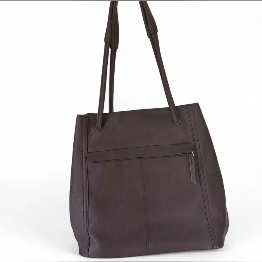 Brown Solid‎ Tote Shoulder Bag Zip Closure Removable Pouch Pockets